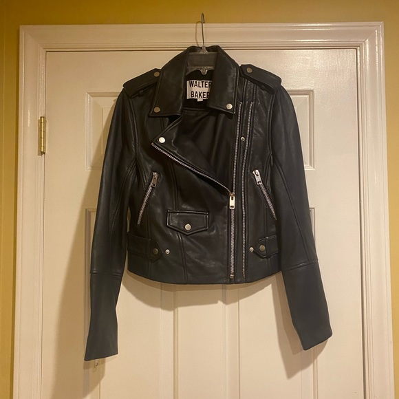 Medium Walter baker biker leather jacket genuine 100% leather. Navy blue - Picture 1 of 4